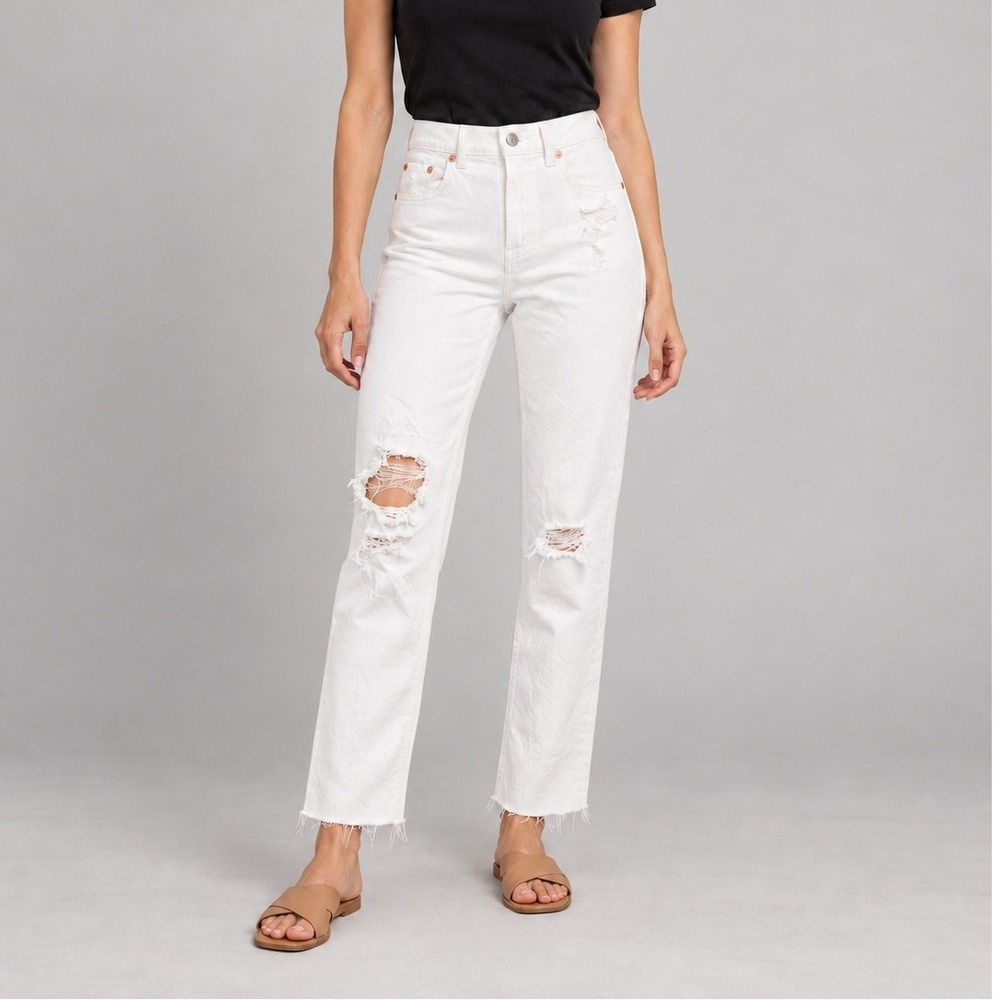GAP White Cheeky Straight High Rise Jeans Womens 27W Distressed Raw Hem Coastal